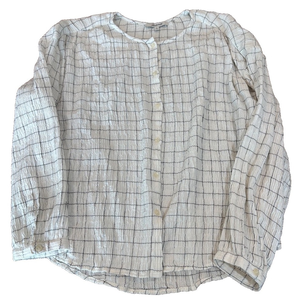 Madewell crinkle cotton viscose windowpane check ivory blouse womens size small